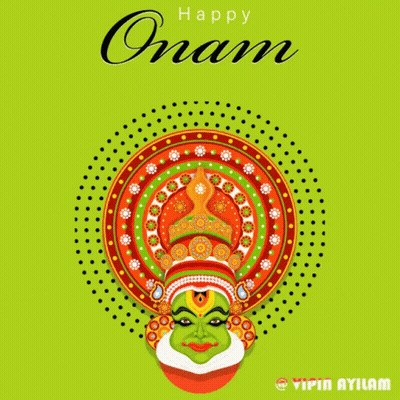 A Colorful Greeting Card For Onam With A Green Face On A Green Background GIF
