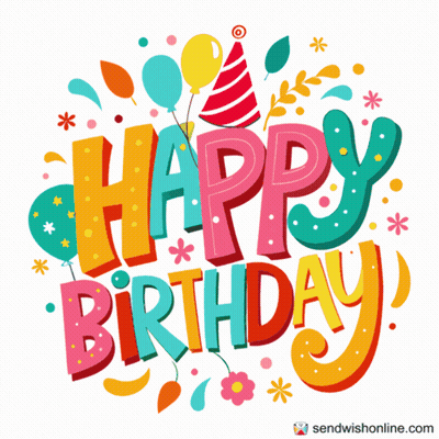 A Colorful Happy Birthday Greeting With Balloons And Flowers GIF