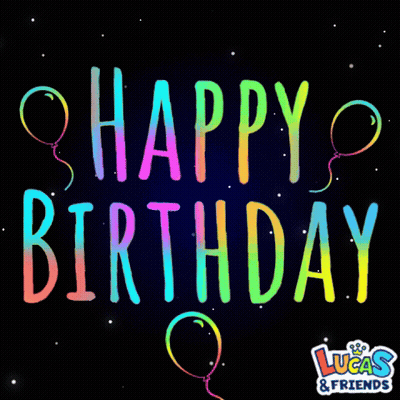 A Colorful Happy Birthday Sign With Balloons And Lucas & Friends Logo GIF