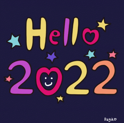 A Colorful Hello 2022 Sign With Stars And A Heart In The Middle GIF