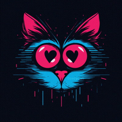A Colorful Illustration Of A Cat With Red Eyes GIF