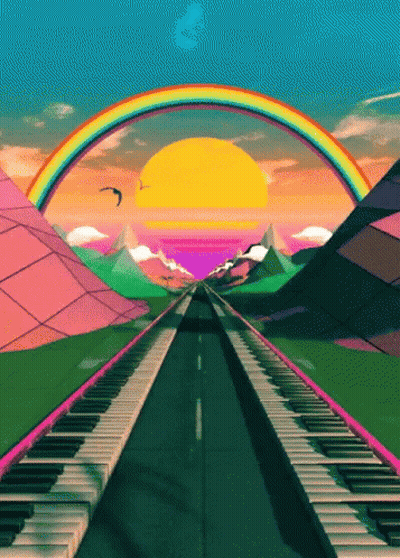 A Colorful Illustration Of A Road Going Through A Piano Keyboard With A Rainbow In The Background GIF