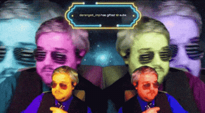 A Colorful Image Of A Man With Sunglasses And A Sign That Says Deranged GIF
