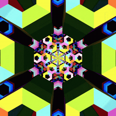 A Colorful Kaleidoscope Of Geometric Shapes With A Black Center GIF
