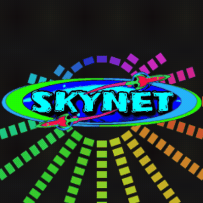 A Colorful Logo For Skynet With Rainbow Colored Rays In The Background GIF