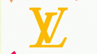 A Colorful Louis Vuitton Pattern With A Yellow Lv Logo In The Middle GIF