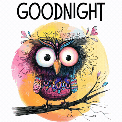 a colorful owl is sitting on a tree branch with the words goodnight written above it