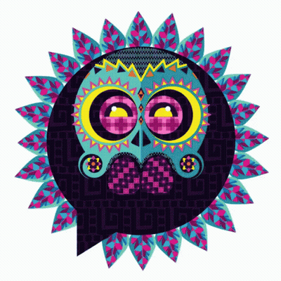 A Colorful Owl With Pink Eyes And A Mustache GIF
