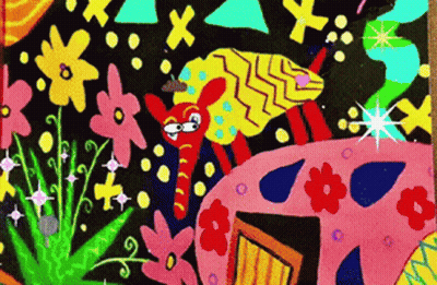 A Colorful Painting Of A Cat Surrounded By Flowers And Geometric Shapes GIF