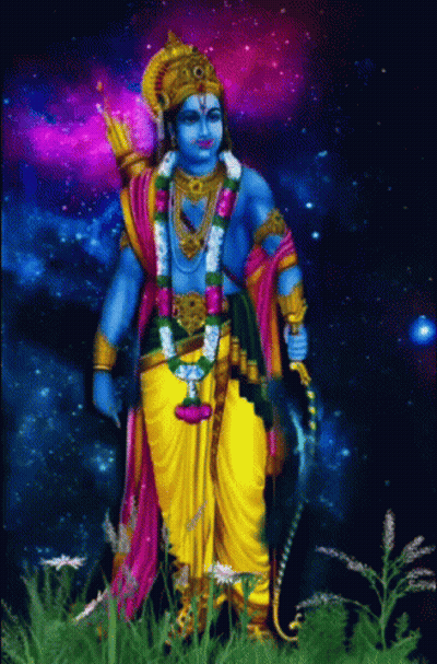 A Colorful Painting Of A Deity With A Bow And Arrow Standing In A Field . GIF