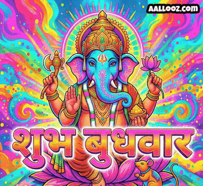 A Colorful Painting Of A Elephant Holding A Lotus Flower And The Words " Aallooz.com " On The Bottom GIF