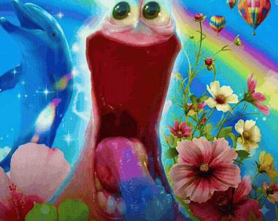A Colorful Painting Of A Frog With Its Mouth Open And Flowers In The Background GIF