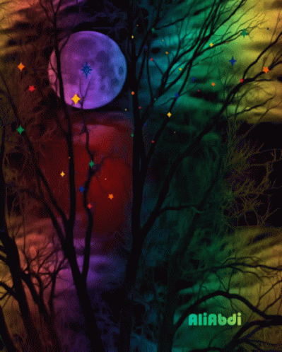 A Colorful Painting Of A Full Moon Behind Trees GIF