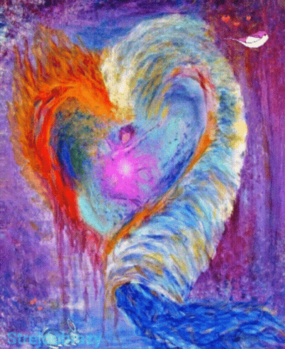 A Colorful Painting Of A Heart With A Rabbit On The Bottom Right GIF