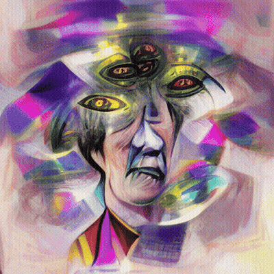 A Colorful Painting Of A Man 'S Face With Three Eyes GIF