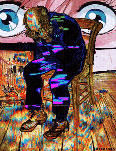 A Colorful Painting Of A Man Sitting In A Chair With His Head In His Hands GIF