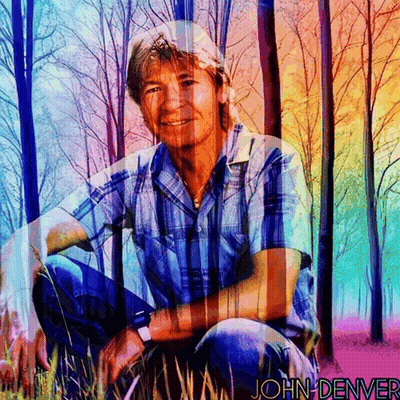 A Colorful Painting Of A Man With The Name John Denver On It GIF