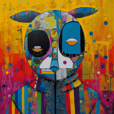 A Colorful Painting Of A Rabbit With A Yellow Background And The Word Rabbit On It GIF