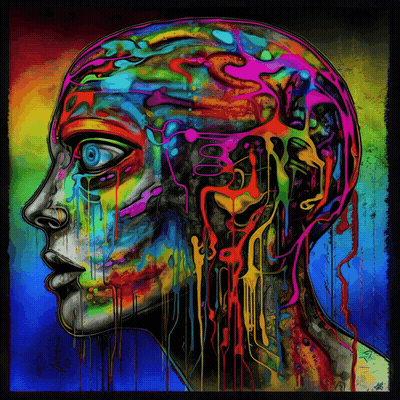 A Colorful Painting Of A Woman 'S Face With A Blue Eye And A Brain GIF