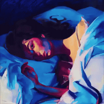 A Colorful Painting Of A Woman Sleeping In A Bed With Blue Sheets GIF