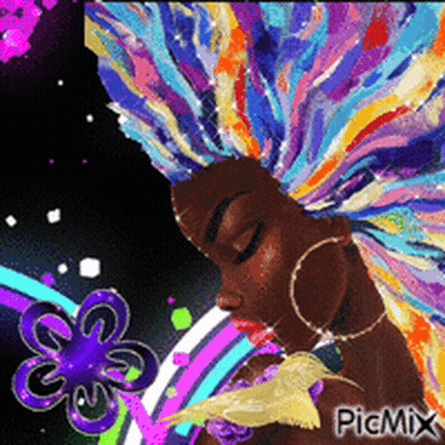 A Colorful Painting Of A Woman With Her Eyes Closed And Picmix Written On The Bottom GIF