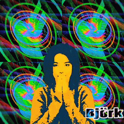 A Colorful Painting Of A Woman With The Name Bjork On It GIF