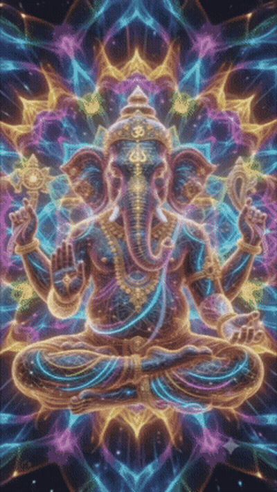 A Colorful Painting Of An Elephant Sitting In A Lotus Position With An Om Symbol On His Head GIF