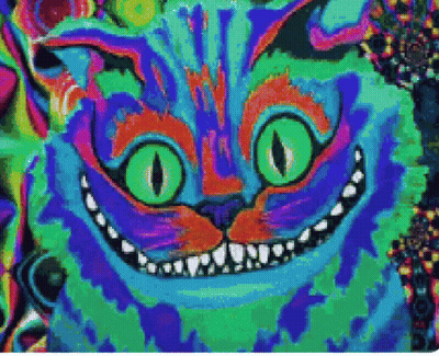 A Colorful Painting Of Cheshire Cat Smiling With Green Eyes GIF