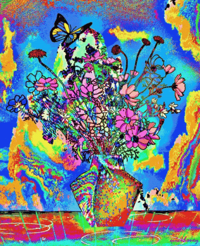 A Colorful Painting Of Flowers With A Butterfly On Top GIF