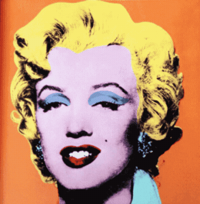 A Colorful Painting Of Marilyn Monroe With Yellow Hair And Blue Eye Shadow GIF
