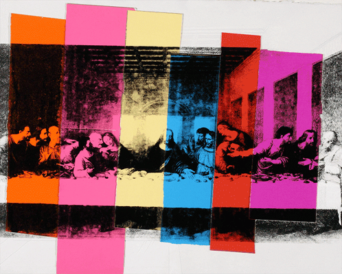 A Colorful Painting Of The Last Supper With Jesus And His Apostles GIF