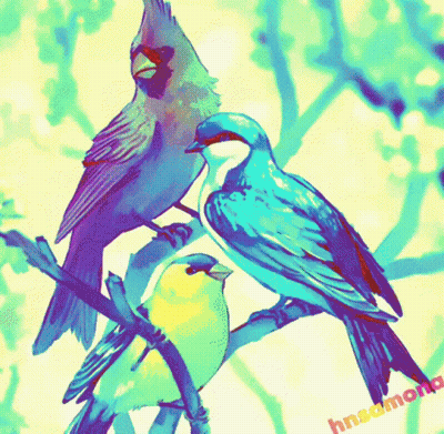 A Colorful Painting Of Three Birds With The Name Hnsdmona Written Below Them GIF