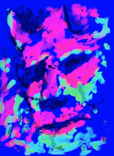 A Colorful Painting On A Blue Background That Looks Like A Painting Of A Face GIF