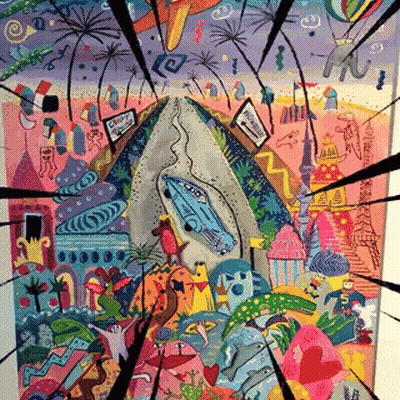 A Colorful Painting With A Blue Car In The Middle Of It GIF
