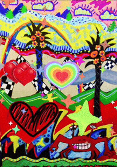 A Colorful Painting With Hearts Palm Trees And A Crab GIF