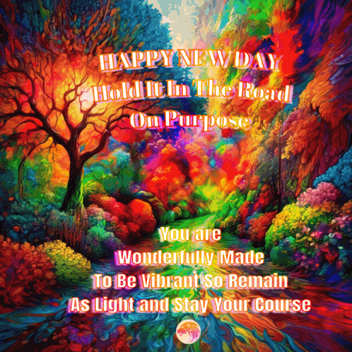 A Colorful Painting With The Words Happy New Day Hold It In The Road GIF