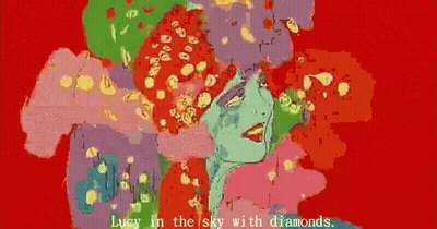 A Colorful Painting With The Words Lucy In The Sky With Diamonds Below It GIF