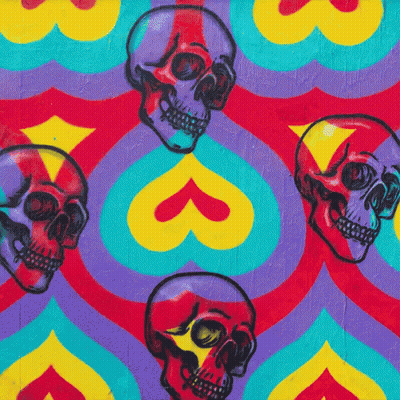 A Colorful Pattern Of Skulls And Hearts On A Purple Background GIF