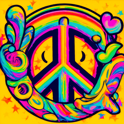 A Colorful Peace Sign Is Surrounded By A Rainbow And Stars GIF