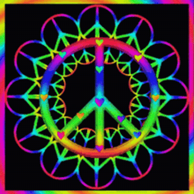 A Colorful Peace Sign Is Surrounded By Hearts GIF