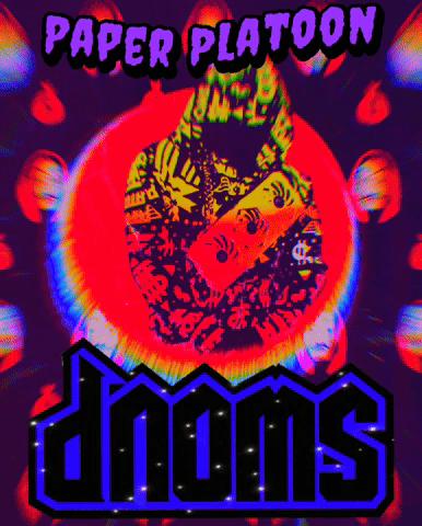 A Colorful Poster For Paper Platoon Dooms With A Skateboard In The Middle GIF