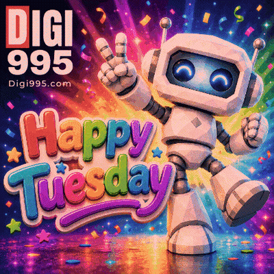 a colorful poster that says happy tuesday with a robot on it