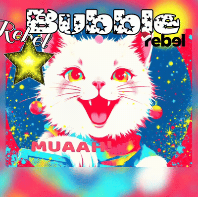 A Colorful Poster With A White Cat And The Words Rebel Rebel GIF