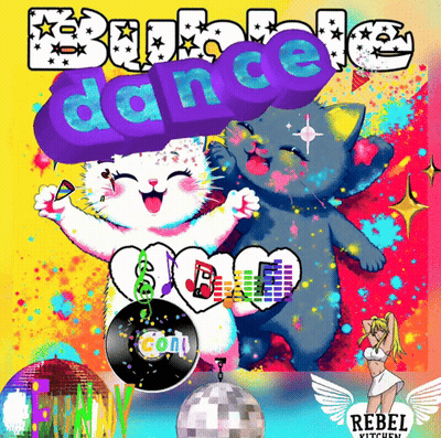 A Colorful Poster With Two Cats And The Word Dance On It GIF