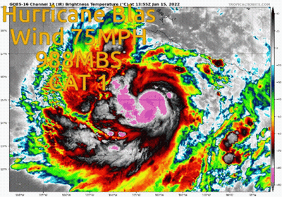 A Colorful Satellite Image Of A Hurricane With The Words Hurricane Blas Wind 75 Mph GIF