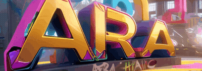 A Colorful Sign That Says Ara Hangs In The Street GIF