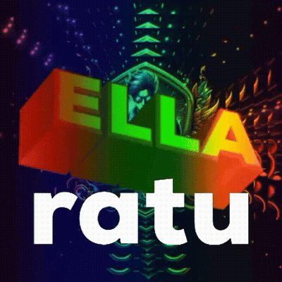 A Colorful Sign That Says Ella Ratu With A Man In A Mask GIF