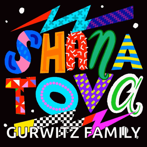 A Colorful Sign That Says ' Shana Tova ' On A Black Background GIF