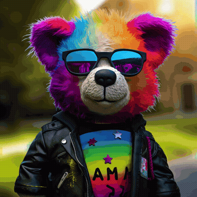 A Colorful Teddy Bear Wearing Sunglasses And A Rainbow Shirt With The Word Ama On It GIF