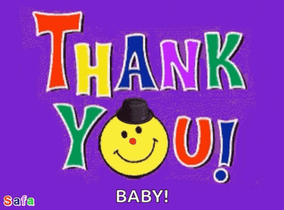A Colorful Thank You Card With A Smiley Face Wearing A Top Hat GIF